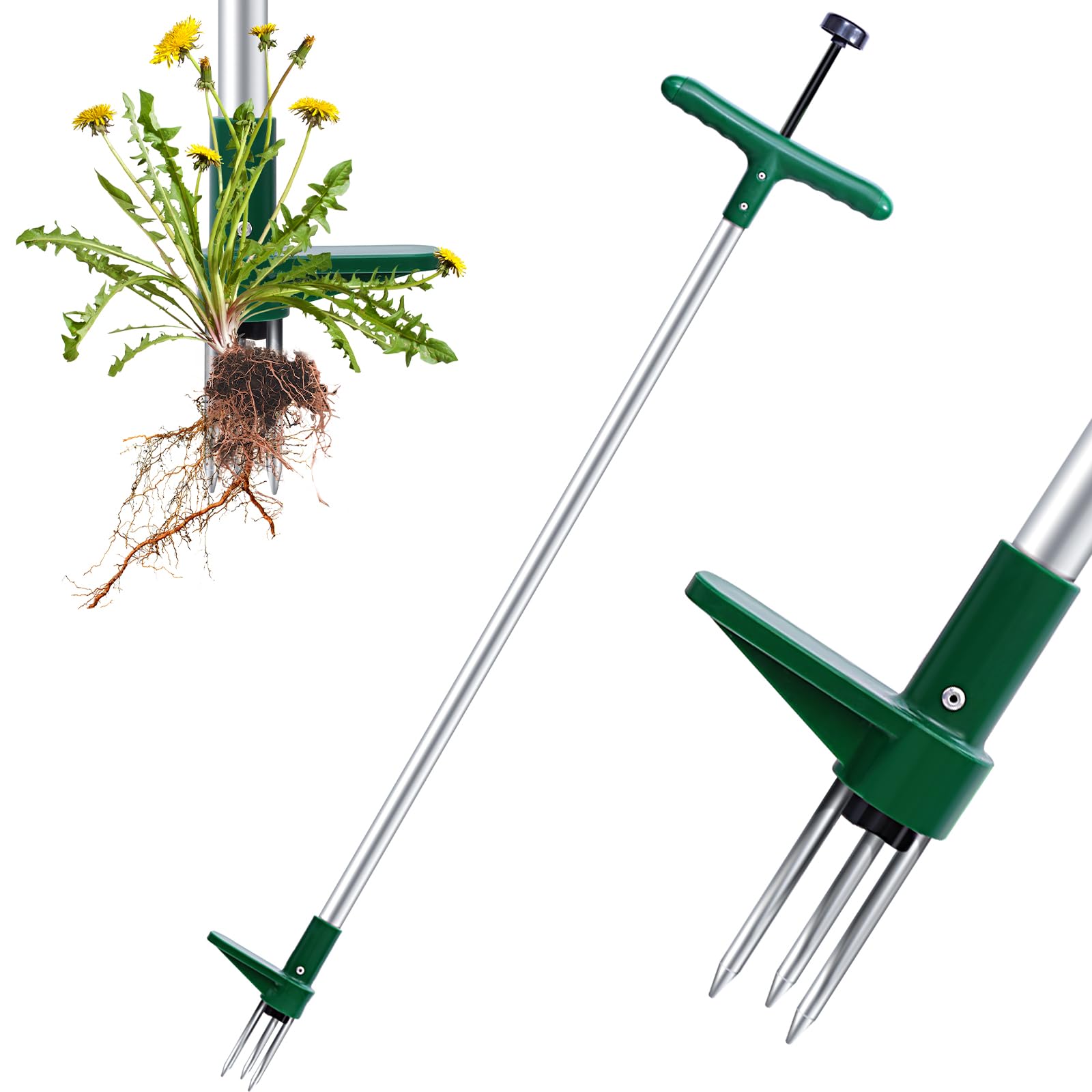 Ohuhu Weed Puller Stand Up Weeder Hand Tool with 3 Claws and Foot Pedal, Long Handle Garden Weeding Tool Standup Lawn Garden Tool for Dandelion, Standup Weed Root Pulling Tool and Picker, Length 1m
