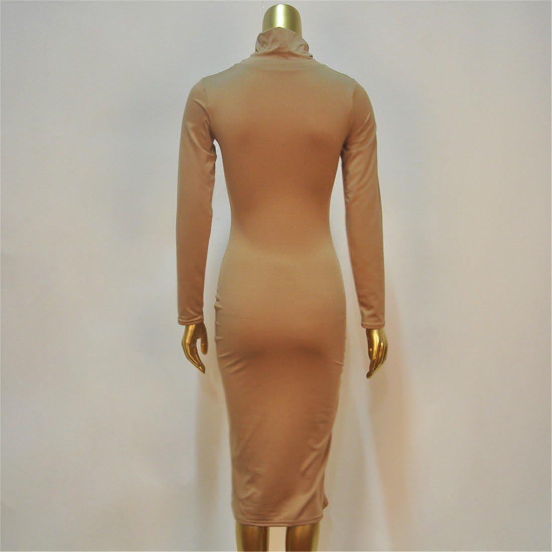 XXL, Braun QIYUN.Z Baumwolle Langarm Stand Hals Mitte Der Wade Mantel Verband Bodycon Kleid Damen