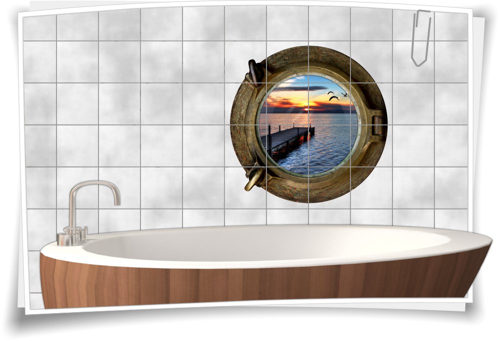 Fliesenaufkleber Fliesenbild Fliesen Bullauge Meer Steg Aufkleber Badezimmer
