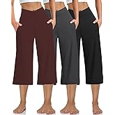 Kivdol 3 Pack Womens Wide Leg Yoga Capris Crossover High Waist Casual Capri Pants Loose Soft Pajama Pockets Sweatpants