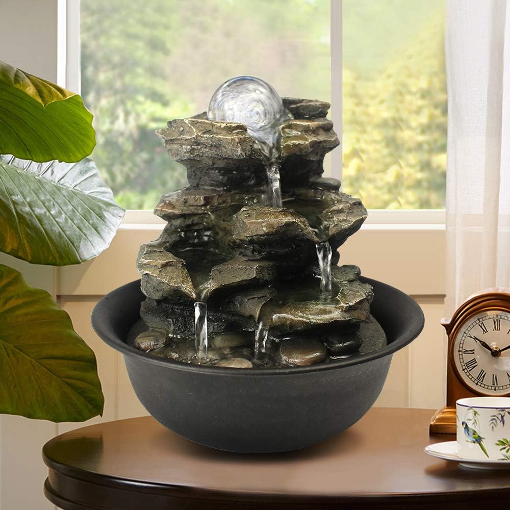 Indoor Fountains & Accessories - BBabe Spinning Orb Rock Cascading Tabletop Fountain, Zen Meditation Indoor Waterfall Feature with LED Light for Home Office Bedroom Relaxation