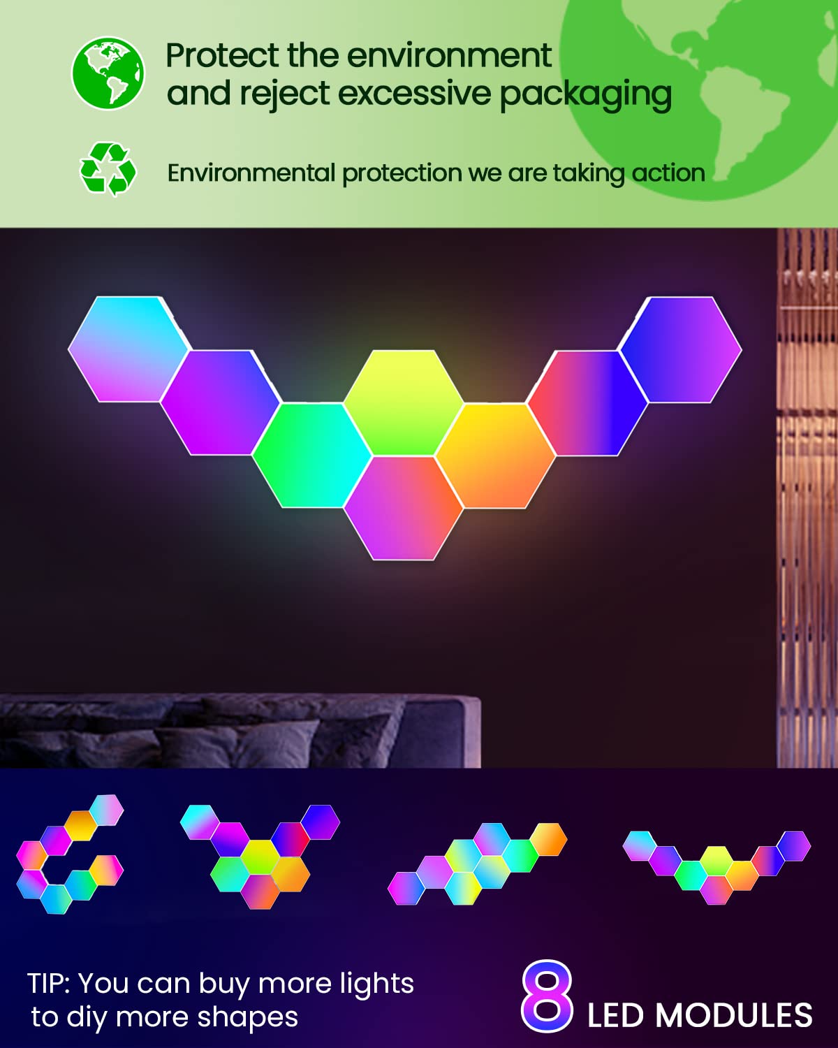 Mua 8 Pack Hexagon Led Lights Wall Panels: RGB Gaming Lights with APP ...
