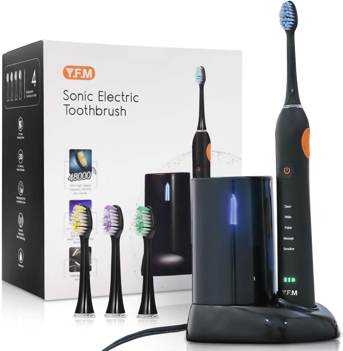 Electric Toothbrush, Y.F.M Sonic Toothbrush, Whitening Electric Toothbrush Rechargeable Waterproof, with 5 Optional Modes at Least 60 Days Use, Disinfection Base and 4 Toothbrush Heads