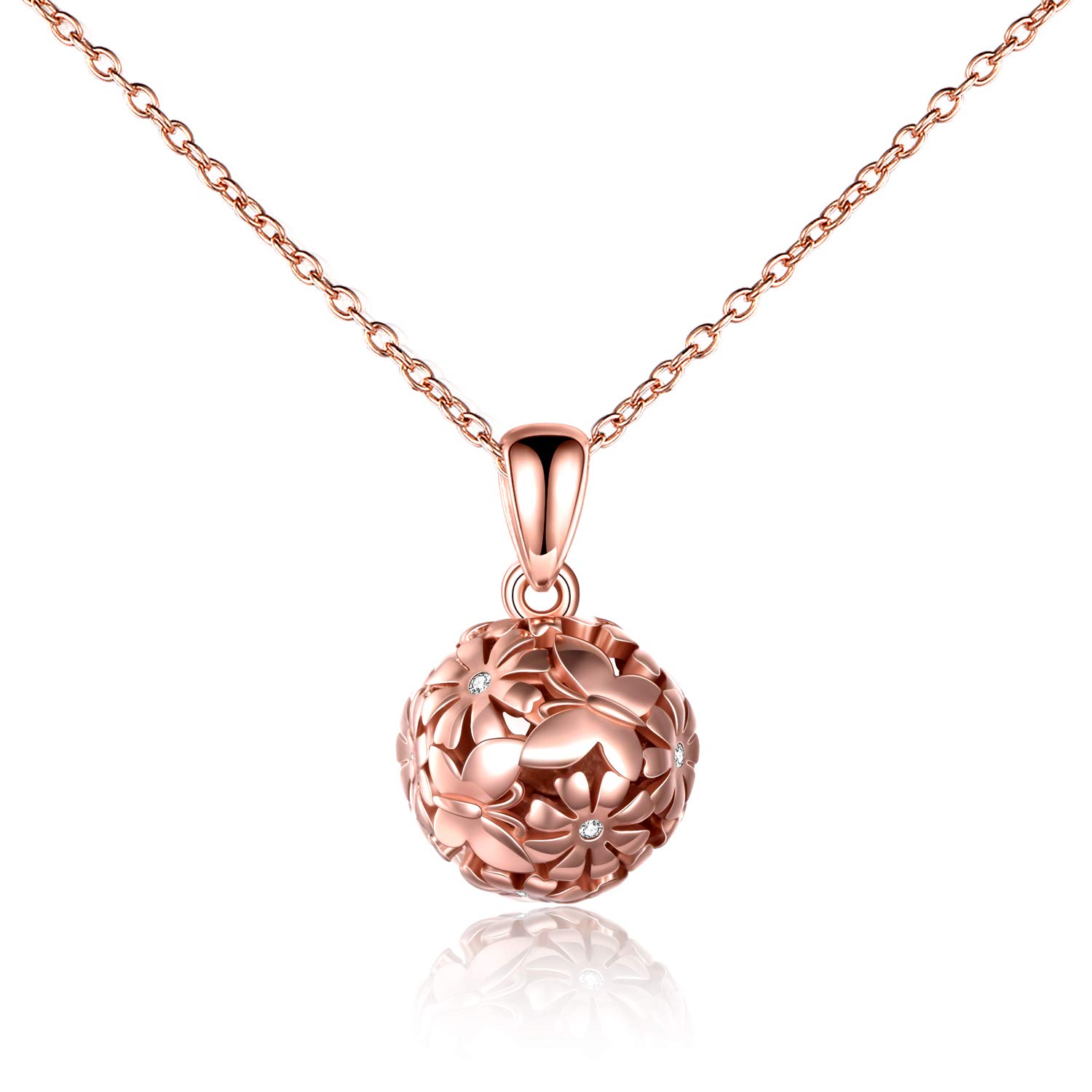 VONALA Rose Gold Sterling Silver Floral Ball Necklace Butterfly Daisy Flower Cubic Zirconia Bead Pendant Necklaces Gift for Women