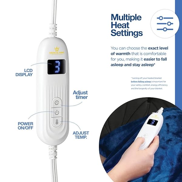 MEDICAL KING HEATED BLANKET, MACHINE WASHABLE EXTREMELY SOFT & COMFORTABLE ELECTRIC BLANKET THROW FAST HEATING WITH HAND CONTROLLER 10 HEATING SETTINGS & AUTO SHUT-OFF (BLUE, 50 X 60)
