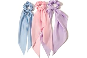 LFOUVRE 3PCS Hair Scarf Scruncheis for Women Knotted Bow Hair Ties Elastic Bands Satin Hair Ribbon Scrunchy Red Ponytail Holder for Women and Girls (Blue Lilac Pink)