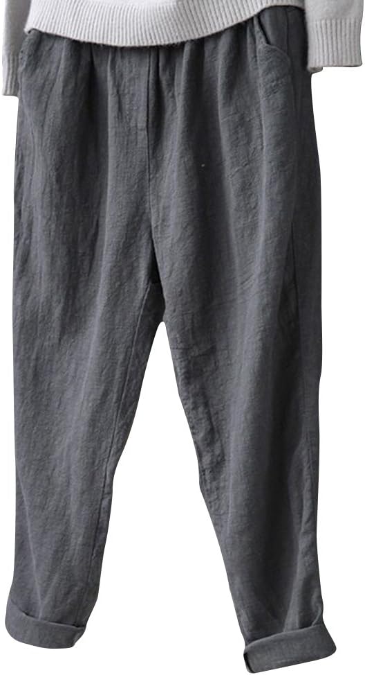 Helisopus Women's Elastic Waist Casual Relaxed Loose Fit Cotton Linen Pants Harem Trousers Cropped Pants