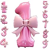 40 Inch Number 1 Balloon Pink with Bow - Large Foil Mylar 1st Birthday Balloons for Girls Party Decorations Supplies, Big One Balloon for 1 Year Old