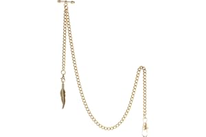 TREEWETO Men's Albert Chain Pocket Watch Curb Link Key Chain 2 Hooks with Antique Leaf Pendant Charm Design Copper Fob T Bar