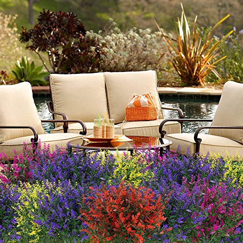 KLEMOO Artificial Lavender Flowers Plants 6 Pieces, Lifelike UV Resistant Fake Shrubs Greenery Bushes Bouquet to Brighten up Your Home Kitchen Garden Indoor Outdoor Decor(Orange Red) - Thumbnail 5