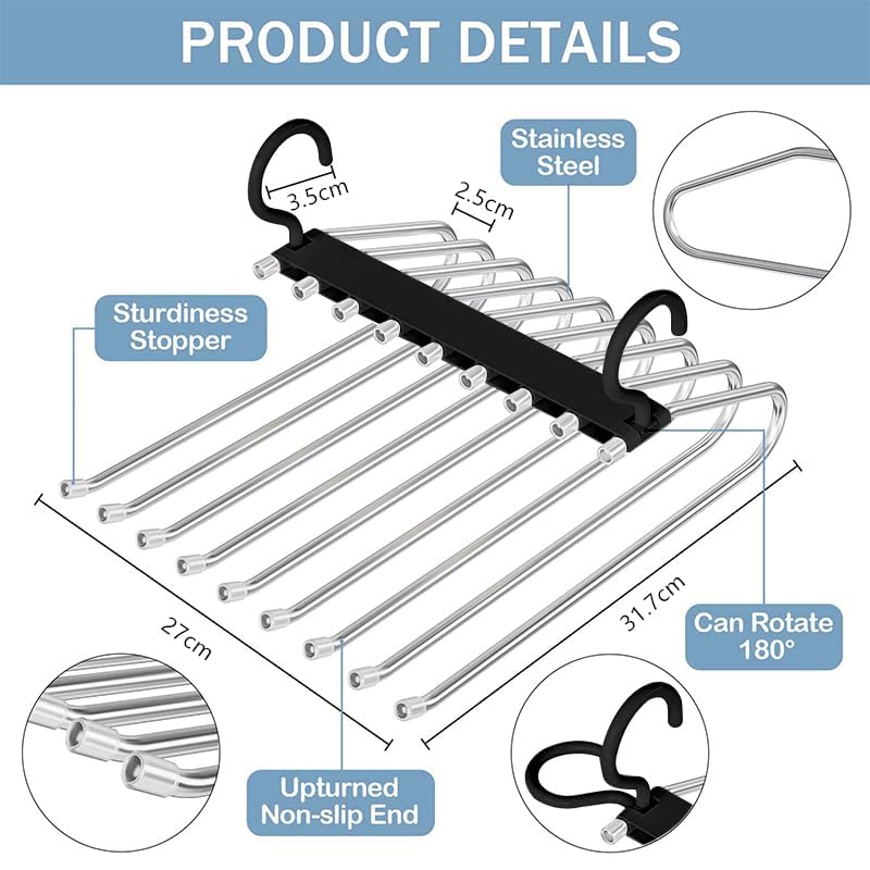 WEKIWGOT 9 in 1 Trouser Hangers, 2 Pieces Multifunctional Space Saving Rack Hanger for Organizing Closets, Trousers for Women and Men, Jeans, Bras, Scarves and Ties (Black)