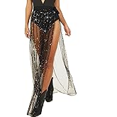 GRAEEN Sheer Mesh Maxi Skirt See Through Slit Skirt Glitter Sheer Sequin Skirts High Waisted Cover Up Skirt
