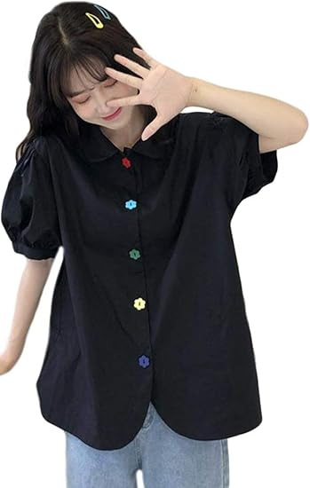 Amazon Yunhen 半袖 シャツ レディース ゆったり カットソー 白シャツ トップス 原宿系 韓国ファッション 夏服 通学 Freesize黒 Tシャツ カットソー 通販