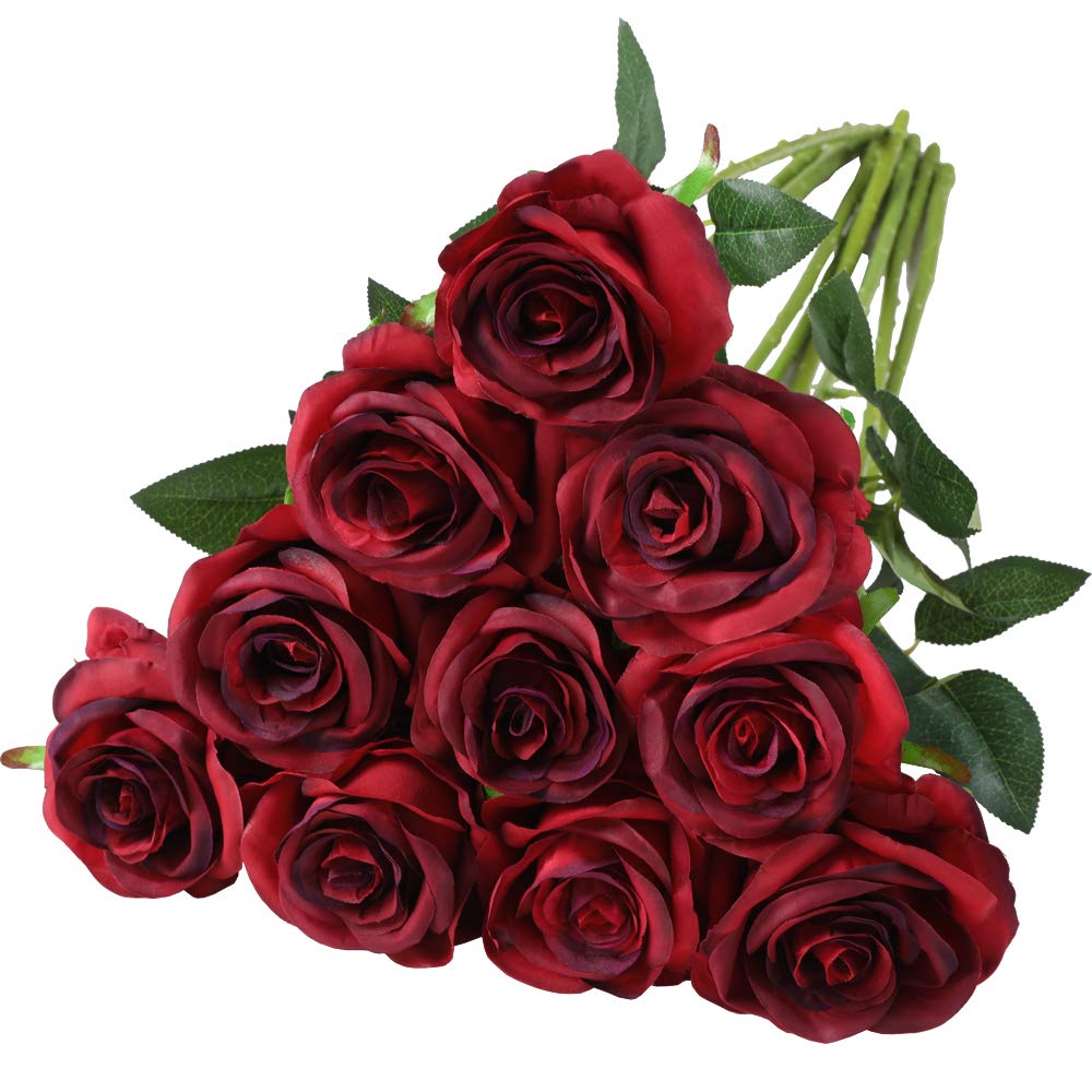 Nubry Artificial Silk Rose Flower Single Stem Lifelike Fake Rose for Wedding Bouquet Floral Arrangements Home Party Centerpiece Decoration, 10pcs (Gradient Dark Red)