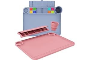 Svartur Silicone Painting Mat with Cup and Palette Detachable, 17"X13" Thick Silicone Craft Mat with Raised Edge for Artist, Kids Painting Station Silicone Creator Mat, Gray & Coral Pink
