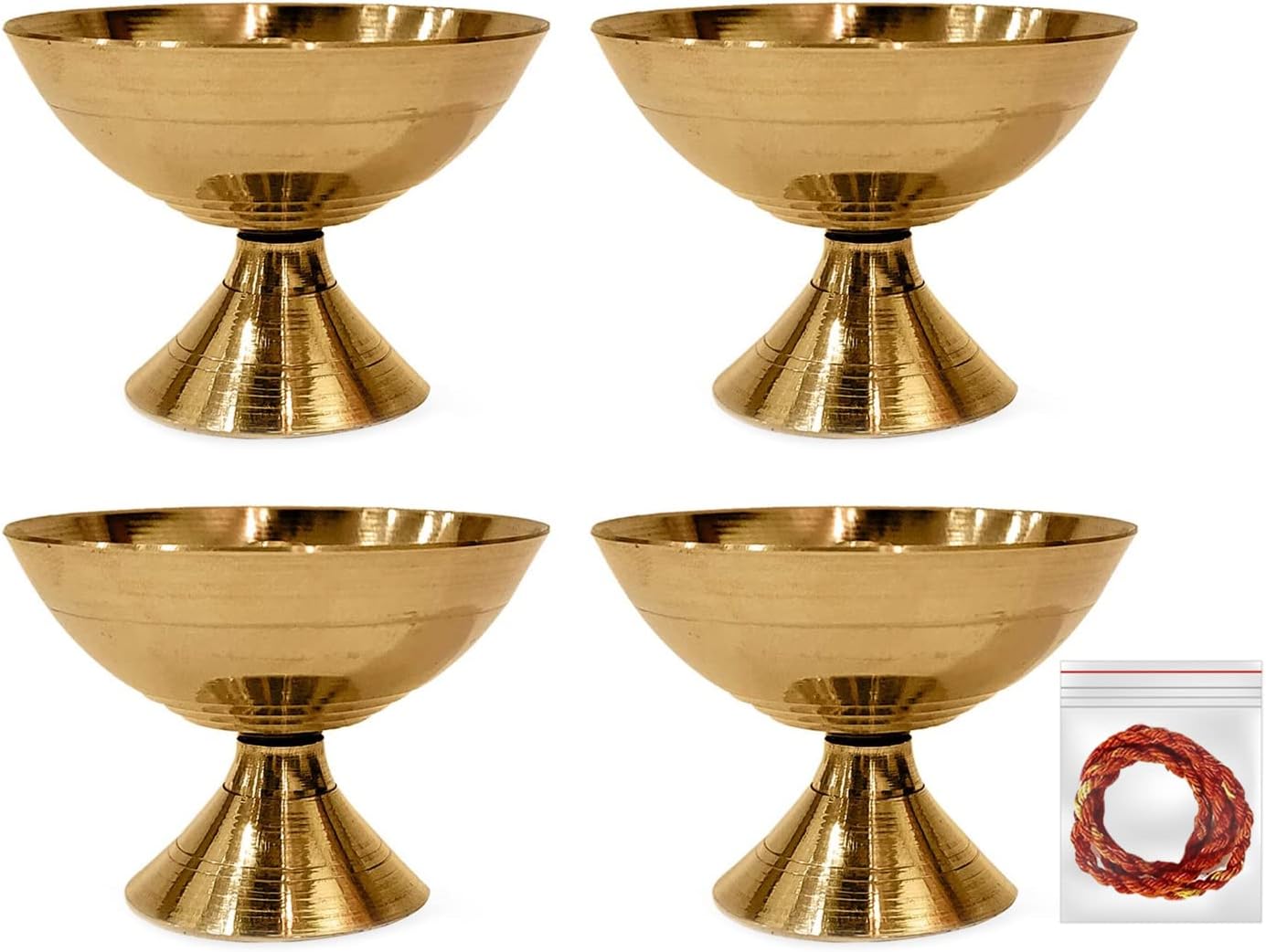 Oil Lamps & Accessories - Satvik 4 Pc Set of Brass Handmade Pyali Diya ornamental Oil Lamp Deepak Payali Deepam Kutthu Vilakku Indian Housewarming Return Gift Item