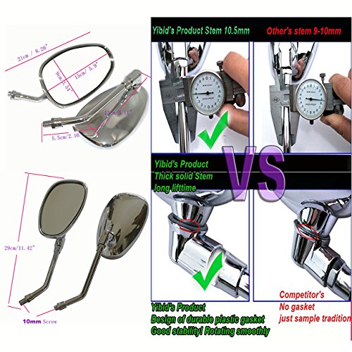 Yibid Universal Chrome Oval Motorcycle Rearview Side Mirrors 10mm, with 7/8" Handlebar Mount for Honda Kawasaki Suzuki Custom Cruiser Chopper Adventure Kymco Victory Vulcan Street Sports Dirt Bike M10 - Thumbnail 3