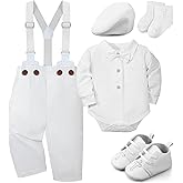 Bunnycool 5 Pcs Baby Boy Baptism Outfits Includes Shirt Beret Hat Suspender Pants Shoes Socks Christening Outfits for Boys