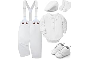 Bunnycool 5 Pcs Baby Boy Baptism Outfits Includes Shirt Beret Hat Suspender Pants Shoes Socks Christening Outfits for Boys