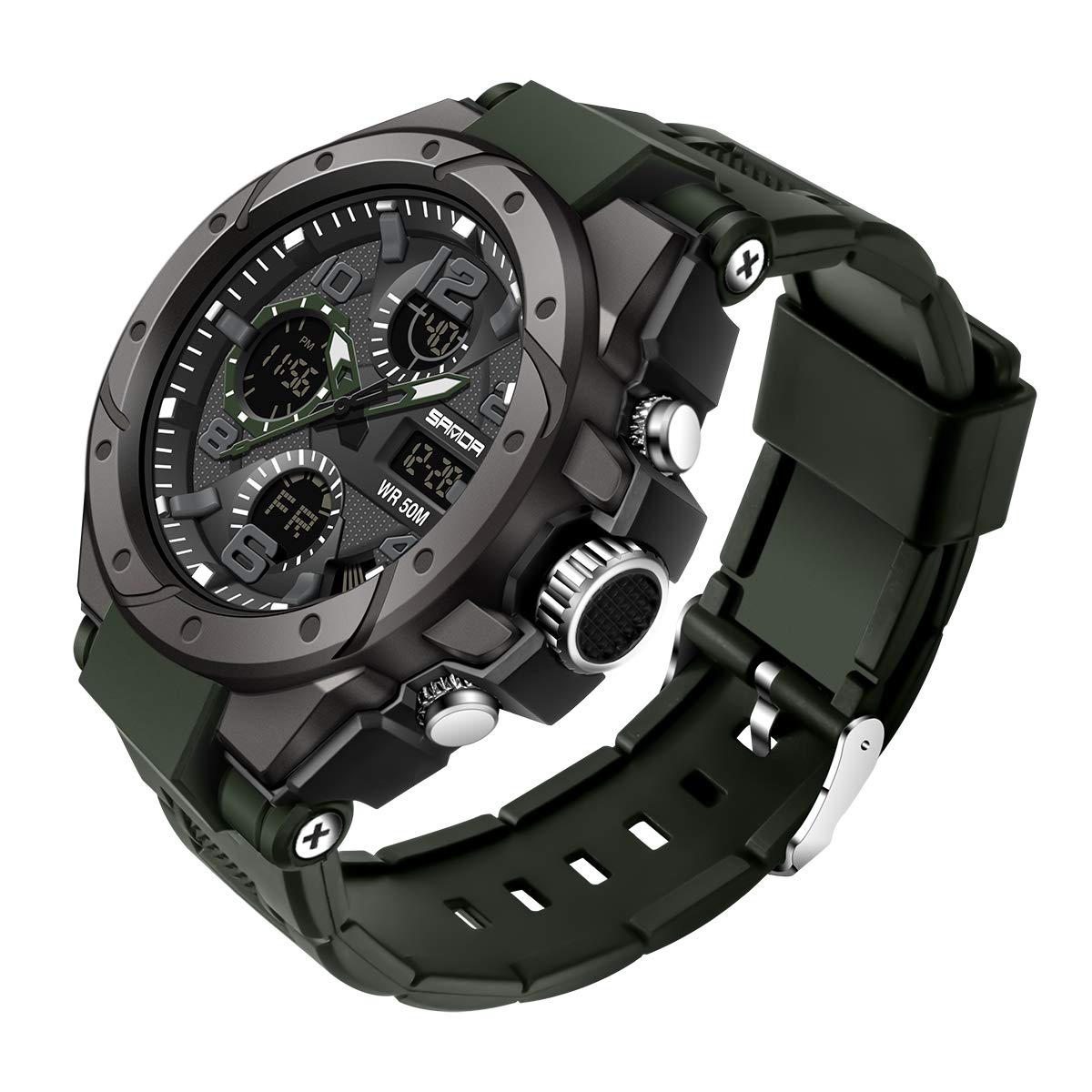 Photo 1 of AIMES Watches for Men Sports Military Outdoor Waterproof Watch Large Dial Caual Army Tactical Analog Wristwatch Multifunction Dual Time Stopwatch Calendar Wrist Watch Army Green