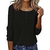 Ivicoer Women's 3/4 Length Sleeve Tops Crewneck Button Pleated Dressy Casual Blouses