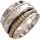 ENERGY STONE 925 Sterling Silver Fidget Ring | Women's Statement Clarity | Classic Elegant Stately | Anxiety Comfort | Brass & Silver Spinners on Hammered Base | Size 5-12