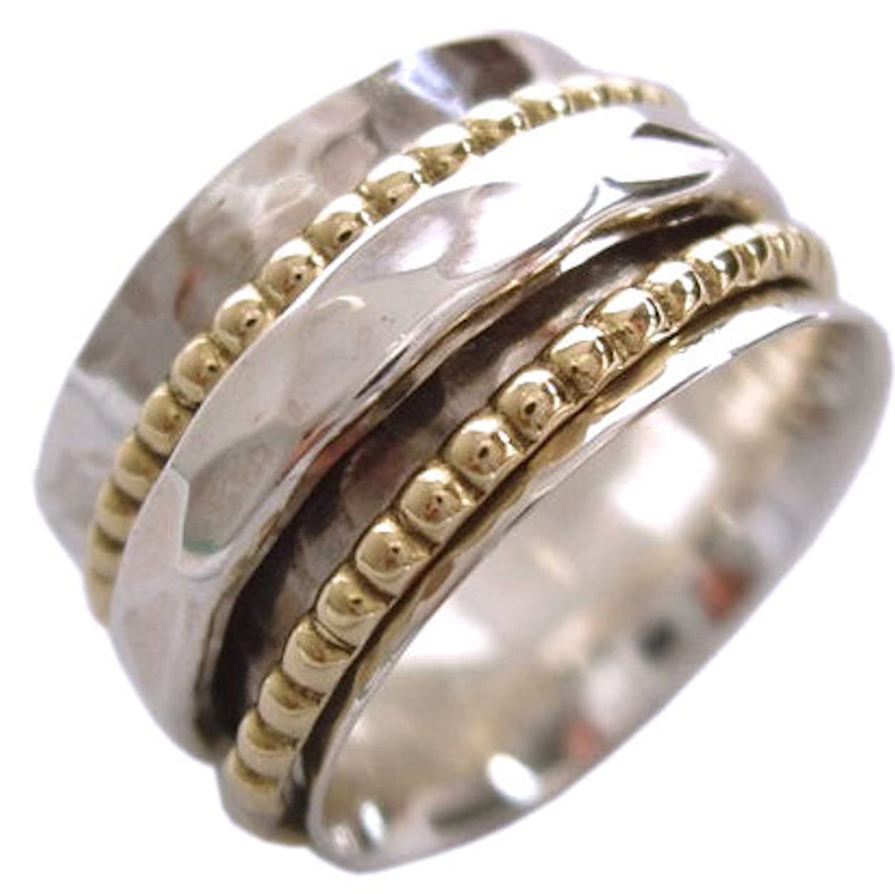 Energy Stone Clarity Sterling Silver Meditation Spinner Ring with Brass and Silver Spinners on Hammered Pattern Base Ring (SKU UK01) (W 1/2)