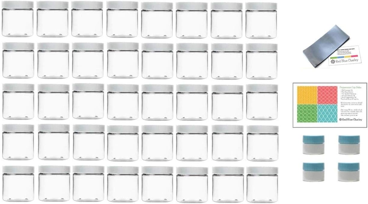 Clear 4 Ounce PET Round Plastic Jars with White Lids, 4 Mini Jars and Shrink Wrap, 40 Pack