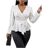 OYOANGLE Women's Heart Print Surplice V Neck Long Sleeve Belted Wrap Elegant Ruffle Hem Blouse Peplum Tops