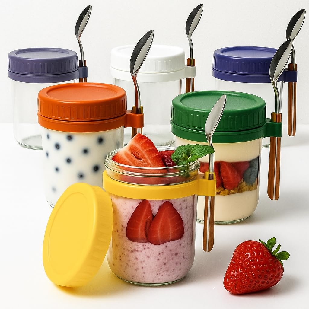 EHWINE 6 Pack Overnight Oats Jars with Lids and Spoons, 450ml Glass Bottles Containers Large Capacity For Yoghurt Airtight for Milk Cereal Storage Jars with Lids for Oatmeal Containers