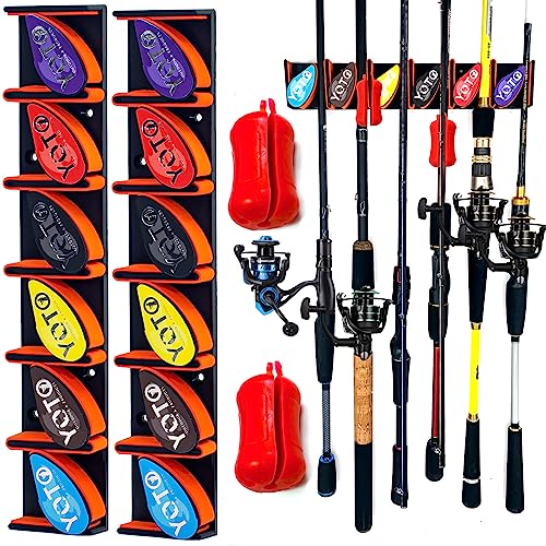 YOTO Vertical Fishing Rod Holders 2Pack, Wall Mounted Fishing Rod Rack with 2Pcs Portable Fishing Rod Fixed Ball, Holds up to 6 Rods or Combos, Fishing Pole Holders for Garage