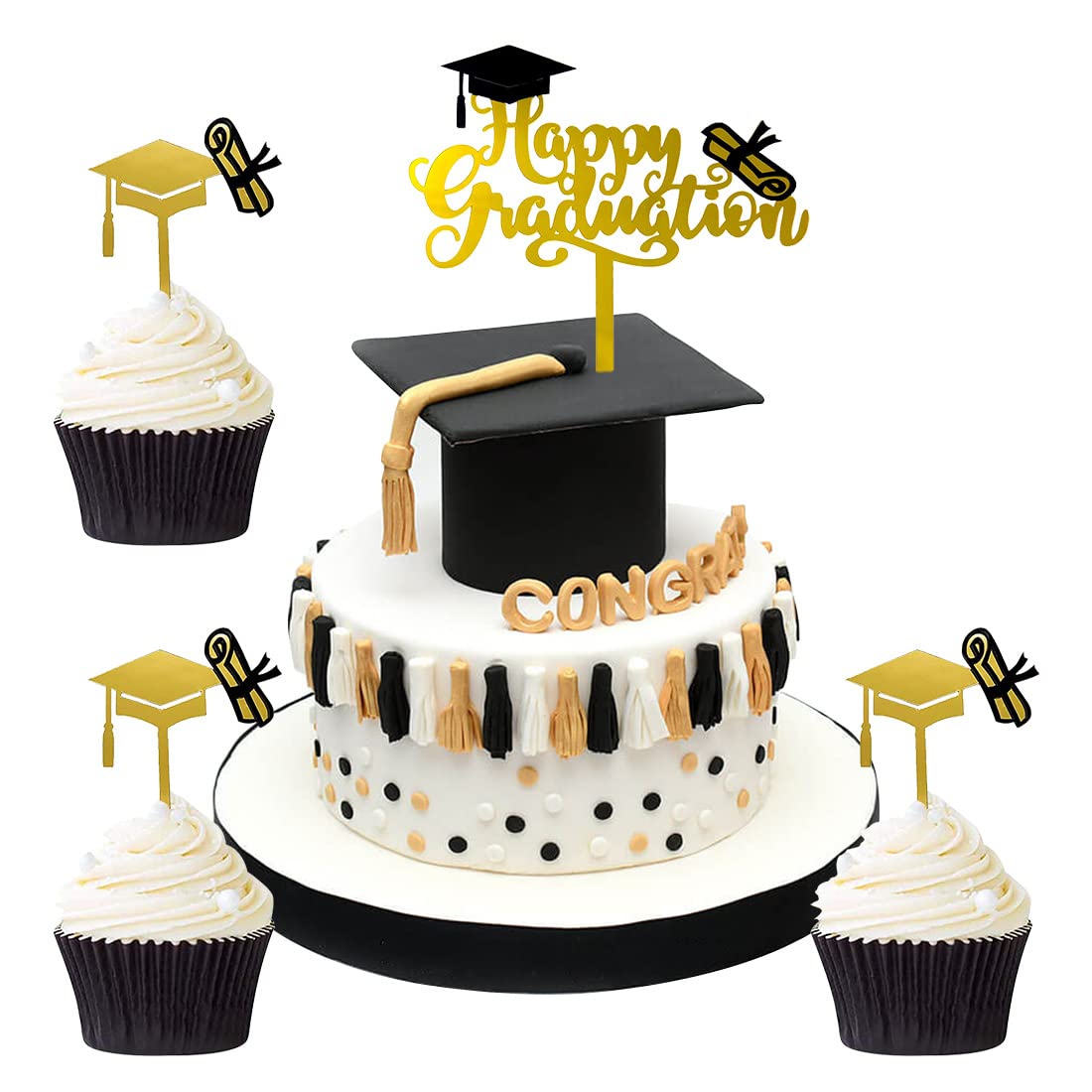 KANOSON Graduation Cake Topper with Personalized Gold Cap Toppers - Pack of 4 for Graduation Decorations