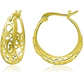 Sterling Silver High Polished Classic Filigree Round Hoop Earrings for Women