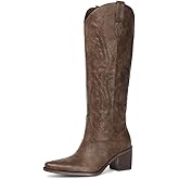 Pasuot Western Cowboy Boots for Women - Knee High Wide Calf Cowgirl Boots, Slip On Pointed Toe Chunky Heel Fashion Retro Classic Pull On Tall Boot for Ladies Party Concert Bronze US 8.5