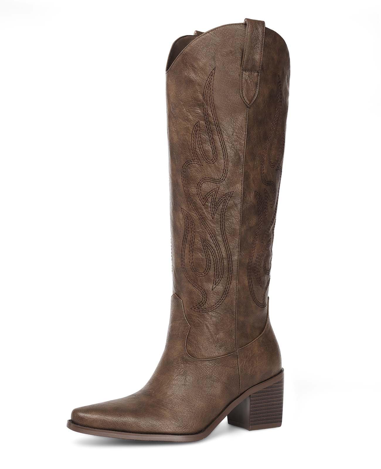 Pasuot Brown Cowboy Boots for Women - Wide Calf