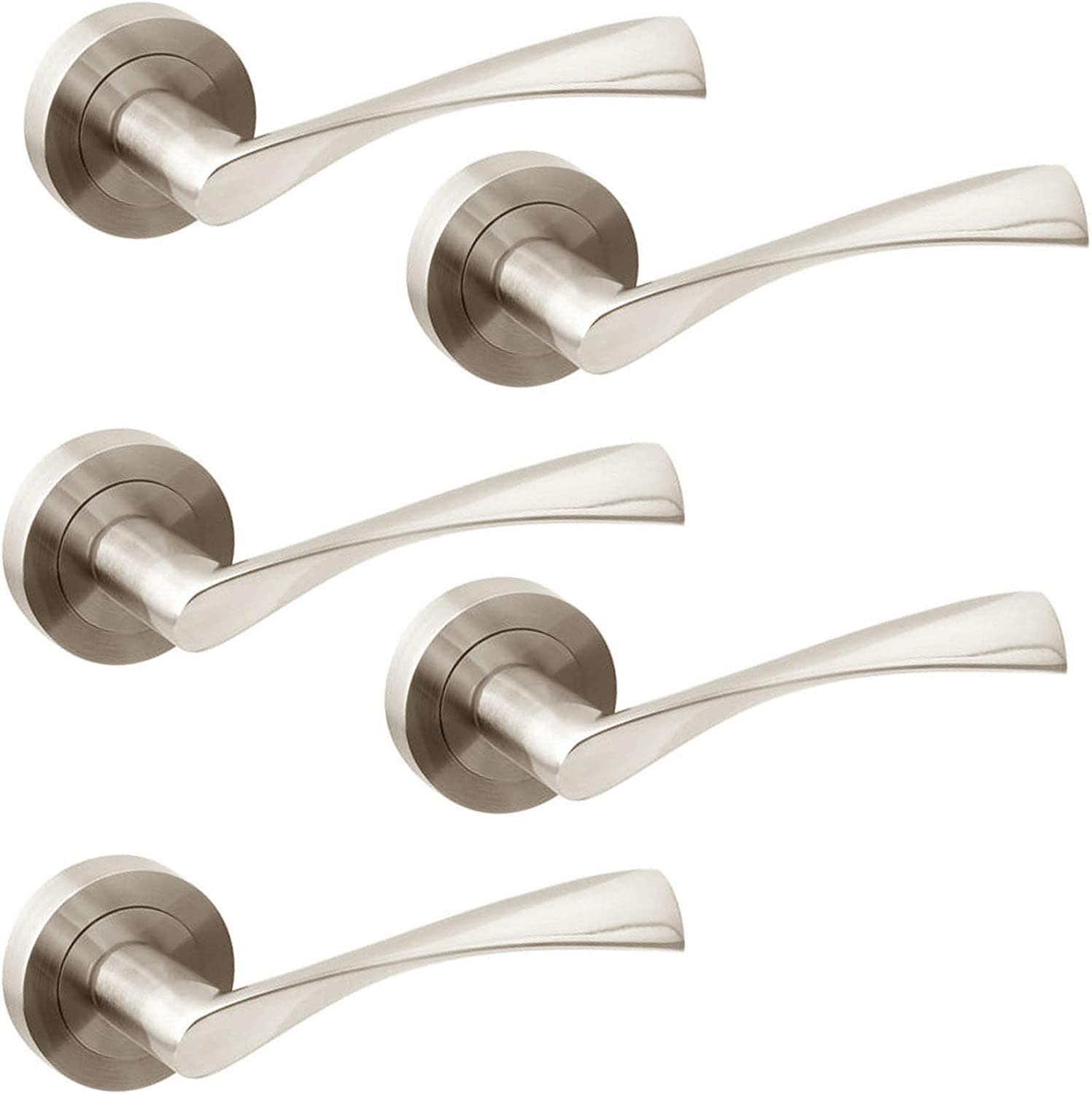 Jdel Set of 5 Interior Door Handles for Passage Door with 50mm Rosette Aluminium Satin Nickel