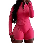 Womens Workout Sets 2 Piece Outfits Zip Jacket Biker Shorts Sweatsuit Gym Clothes Track Suit
