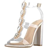 Yolkomo Women's Clear Strappy Rhinestones Gladiator Heels T-Strap Chunky Sandals