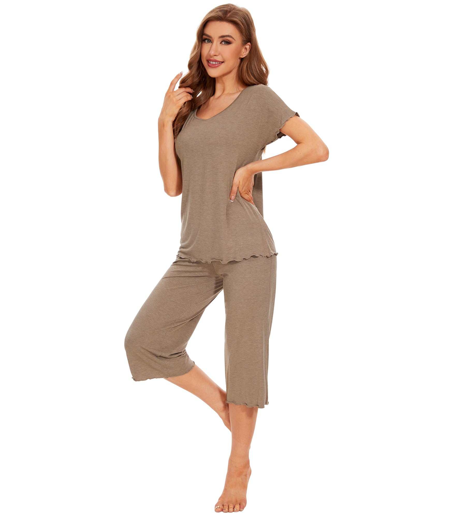 WiWi Cooling Pajamas for Women Soft Bamboo Viscose Lounge Sets Short Sleeve Top Capri Pants Pjs Sleepwear S-4X, Camel, Large Image