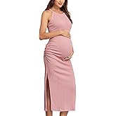 AISWI 2025 Ribbed Summer Maternity Bodycon Dress Sleeveless Halter Neck Ruched Slit Pregnancy Long Dress Baby Shower Casual