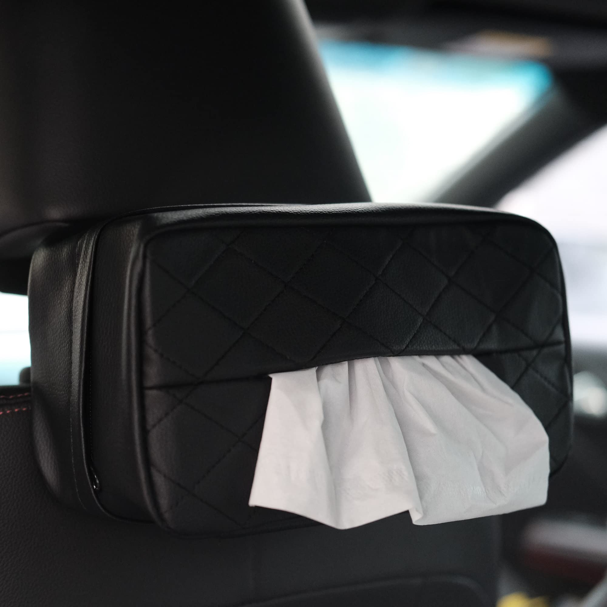 Qirc PU Leather Car Tissue Holder, Car Back Seat Headrest Hanging Tissue Boxes, Cars Napkin Box Holder for Universal Auto, Large Tissue dispenser fit for 120 Tissues per Box (Black)