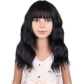 PATTNIUM Black Kids Child Wig Shoulder Length Black Wavy Wigs with Bangs for Gilrs Heat Resistant Synthetic Girls Wig Daily Wear Wigs