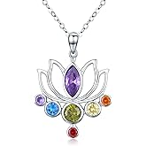 TANGPOET Seven Chakra Lotus Pendant Necklace for Women 925 Sterling Silver Healing Stone Jewelry Spiritual Meditation Gifts for Birthday Mothers Day Christmas