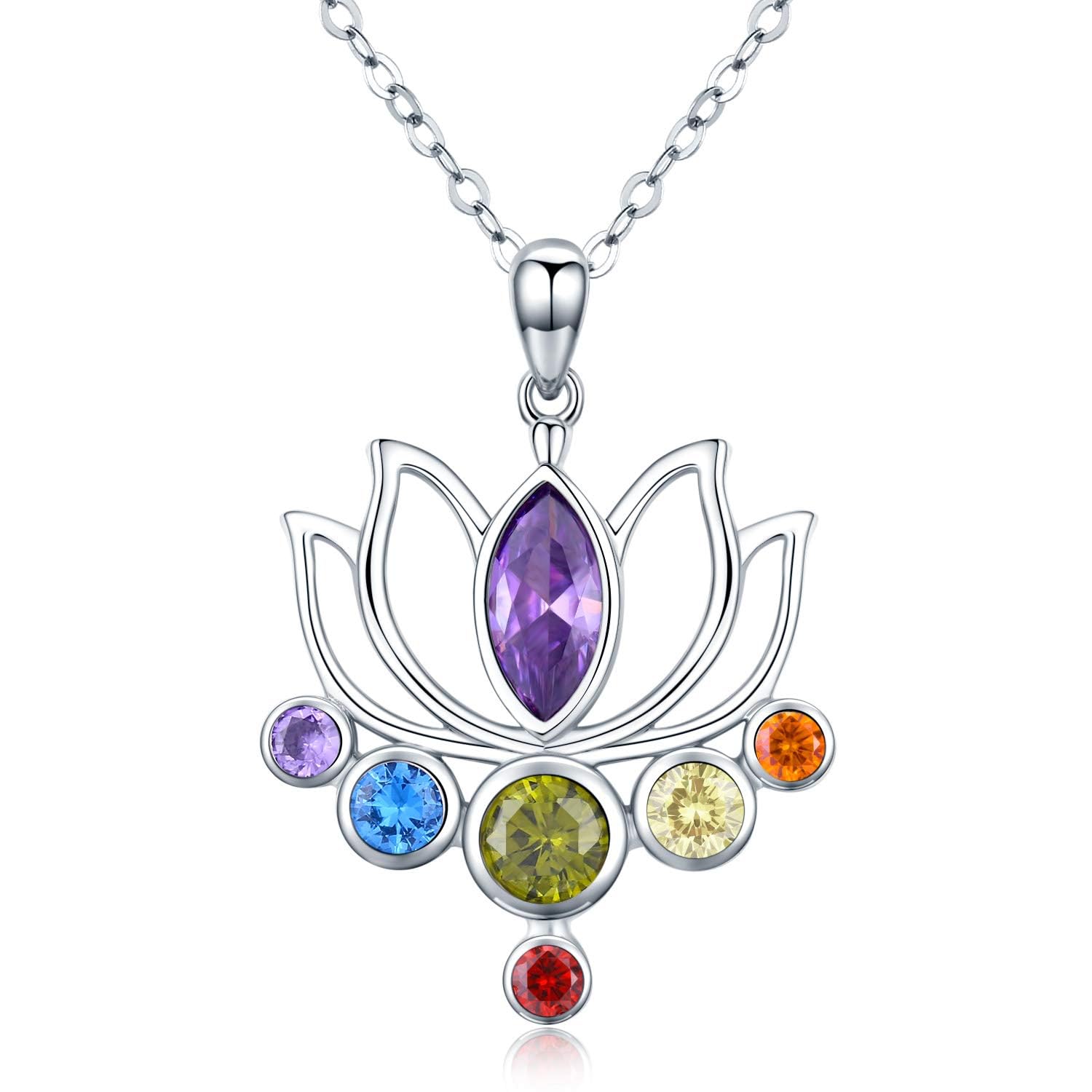 TANGPOET Lotus Necklace 925 Sterling Silver Chakra Lotus Flower Pendant 7 Chakra Healing Necklace Valentines Day Jewellery Gifts for Women Girls Yoga Ladies — image 1