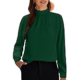 Funlingo Women's Long Sleeve Tops Dressy Casual Mock Neck Work Blouse Fall Trendy Front Pleated Tunic Chiffon Shirts