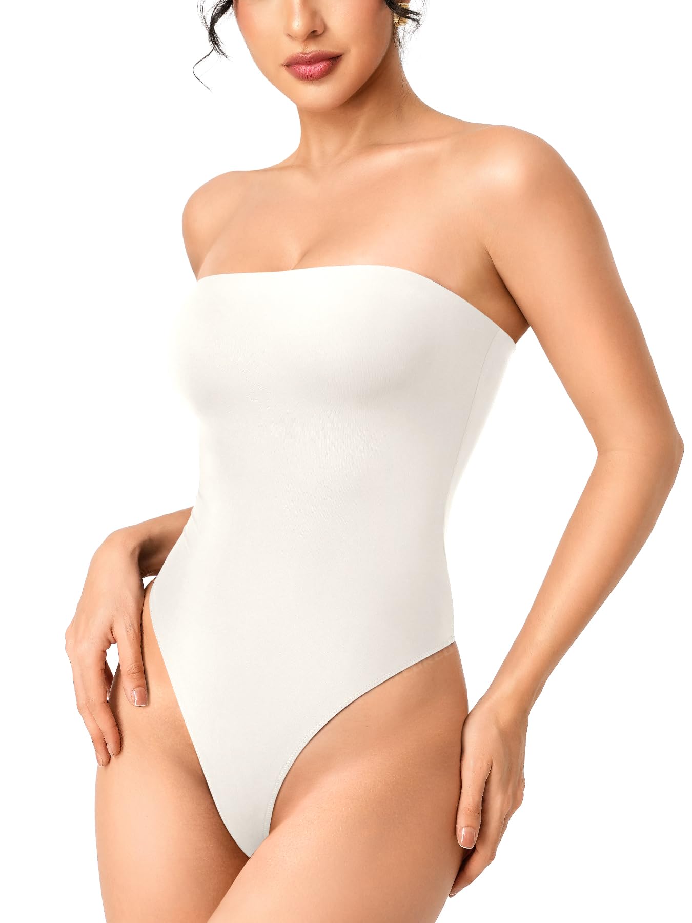 Photo 1 of YEOREO Hyperflex Strapless Bodysuit Tube Top Off Shoulder Double Lined Thong Bodycon Slim Fit Summer Sexy Leotard White-S