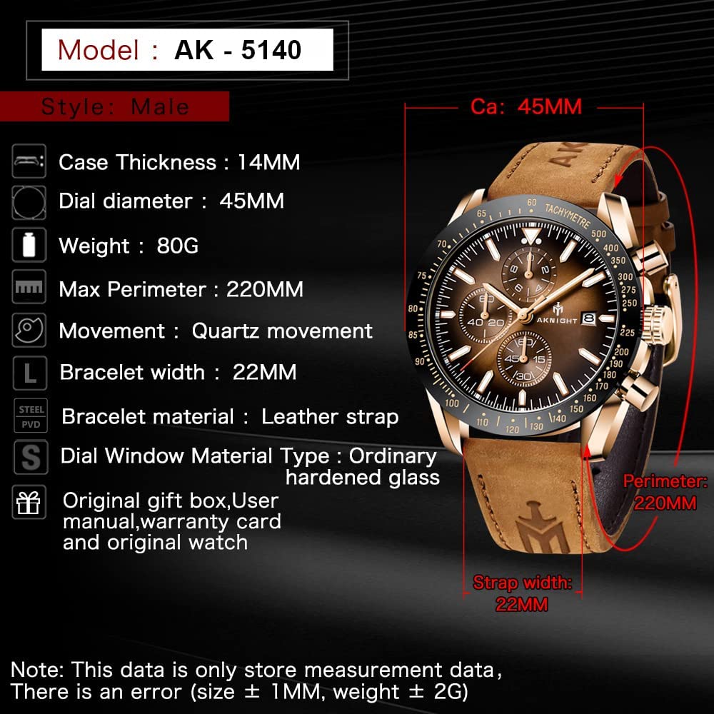AKNIGHT Watch for Men Luxury Watches with Brown Leather Strap Timepiece Birthday Gift Wrist Watches, Luminous Sports Analog Quartz Movement Waterproof