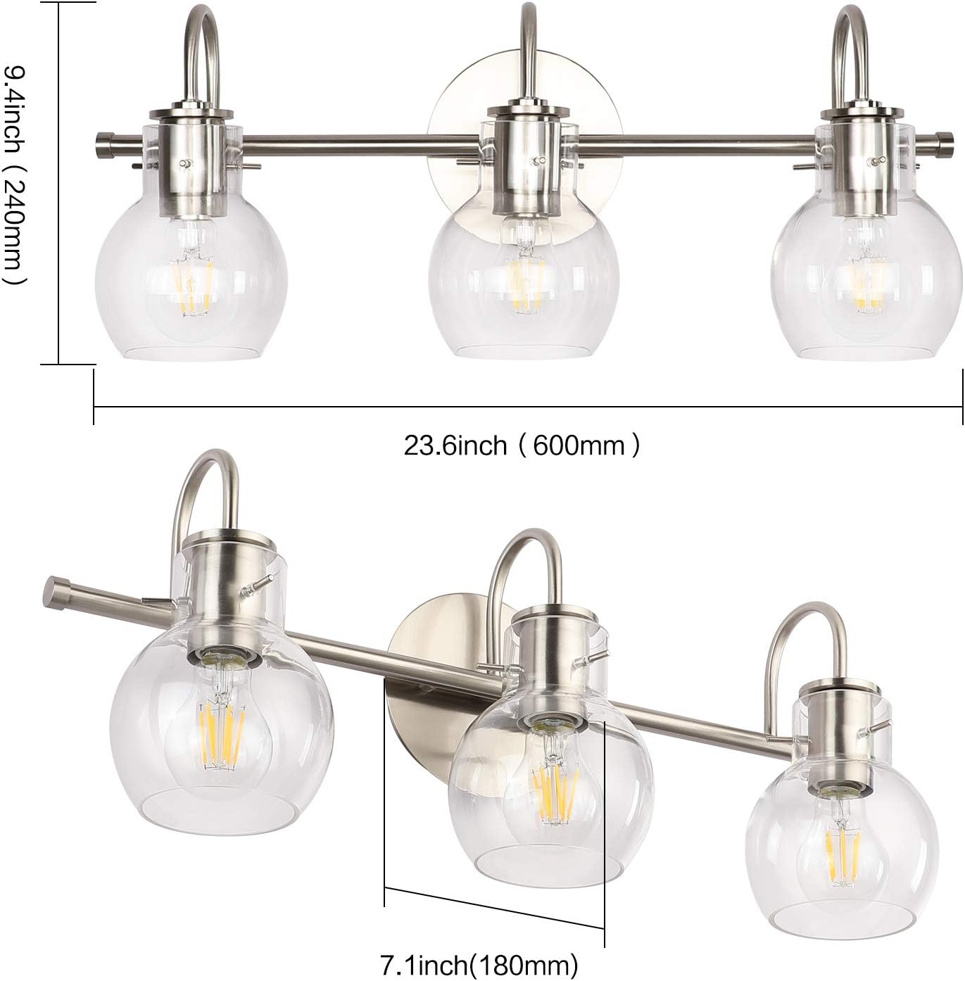 SOLFART Brushed Nickel Bathroom Lighting Fixtures Over Mirror Modern Glass Shade Vanity Lights Wall Sconce(3 Lights) - - 