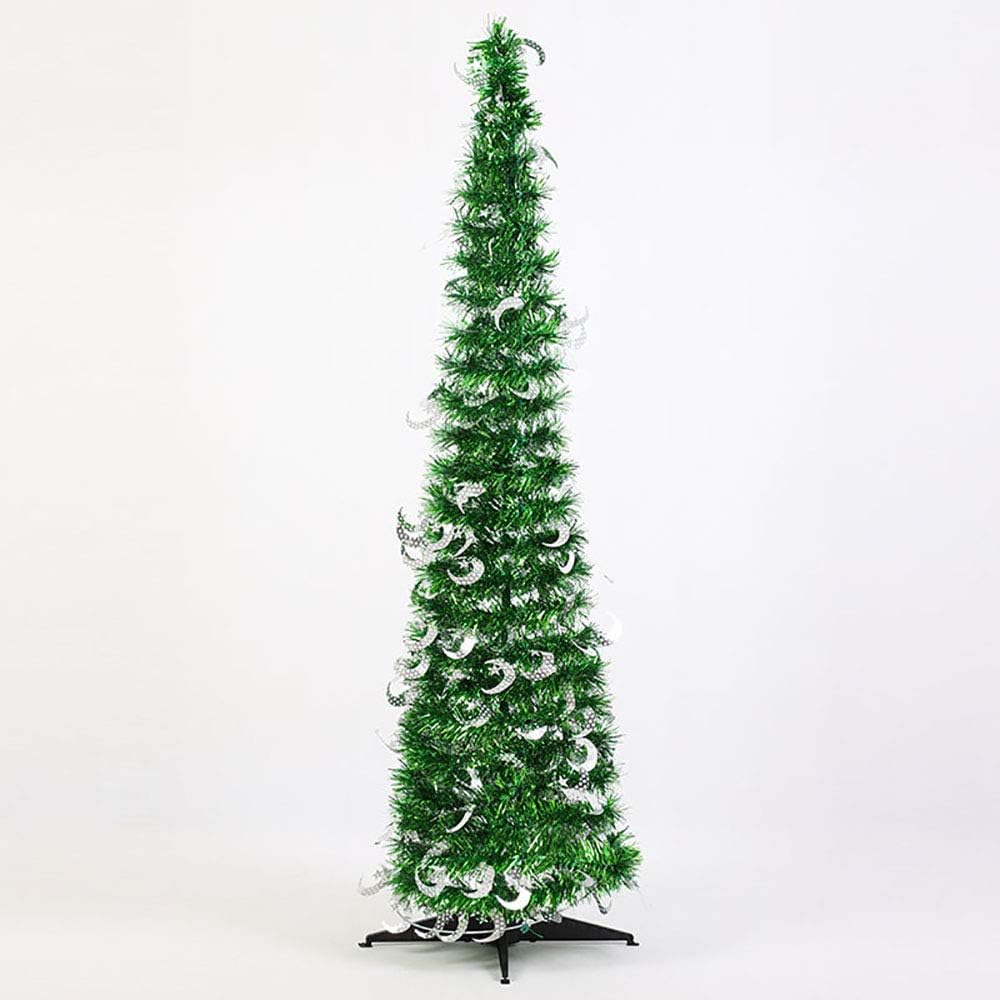5ft Glittering Christmas Trees Foldable Bling Star & Moon Xmas Tree w/ Stand Decorative Artificial Collapsible Pop Up Christmas Tinsel Tree Home Event Decoration Wedding Party Favors (Moon-Green)