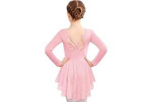 Zaclotre Girls Ballet Leotards with Shinny Skirts Long Sleeve Crisscross Back Dance Dress Outfits